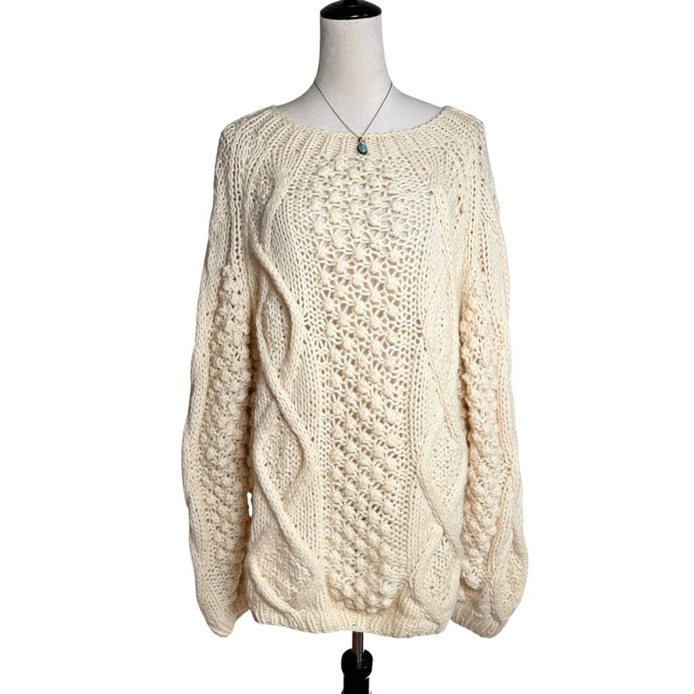 Vintage Strozzi Handmade Italian Wool Chunky Oversized Fisherman Sweater Cream